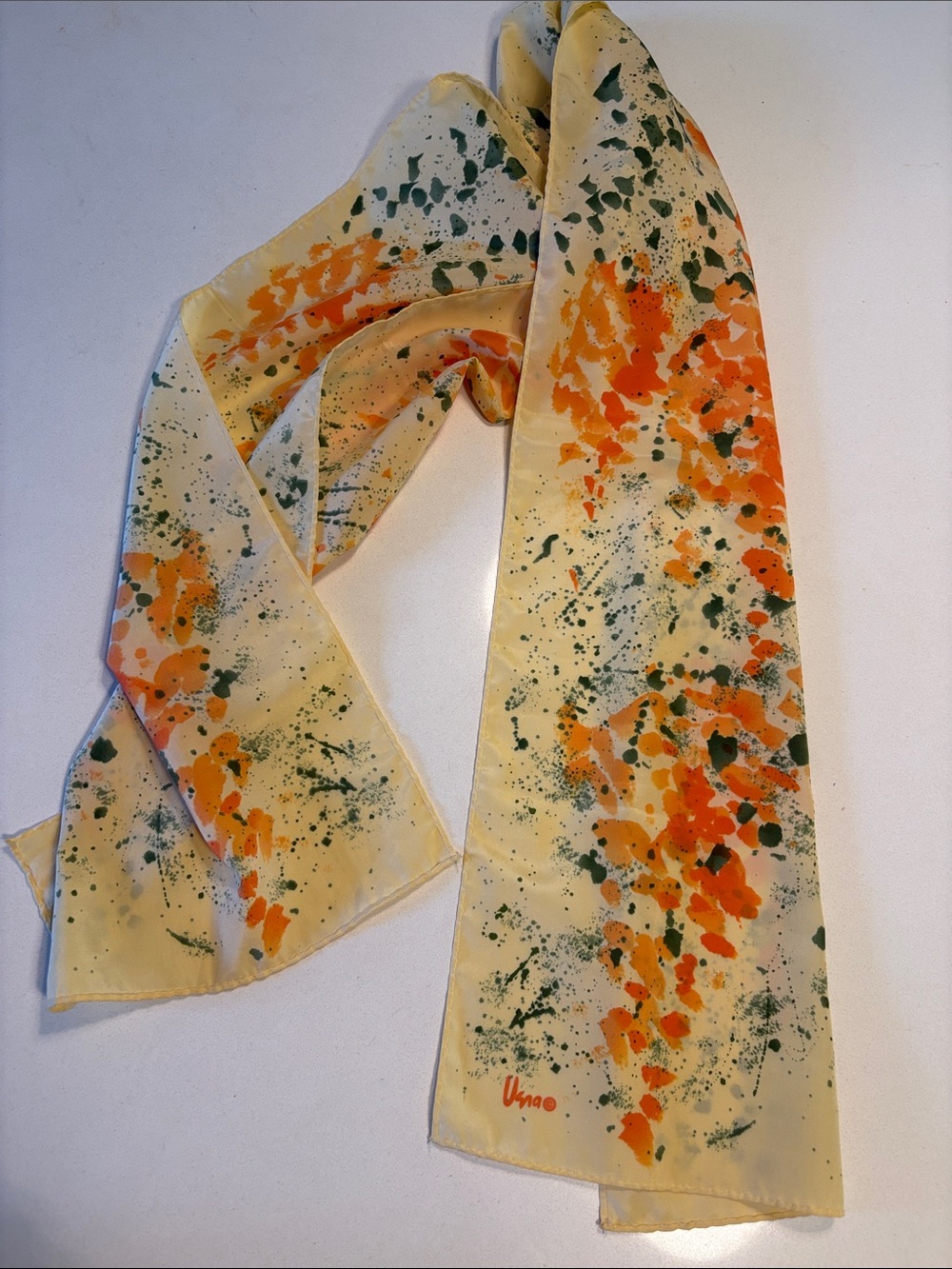 Vintage Vera Neumann Pale YellowScarf with Orange and Green Abstract Splatter